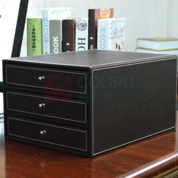 华美仕 牛皮纹文件整理抽屉收纳盒 A4 小三抽 (黑色) LJDC8.27