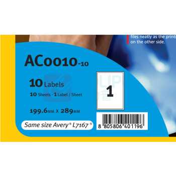 普林泰科 printec 可覆盖标签 AC0010-10 199.6*289mm (白色) 1枚/张 10张/包