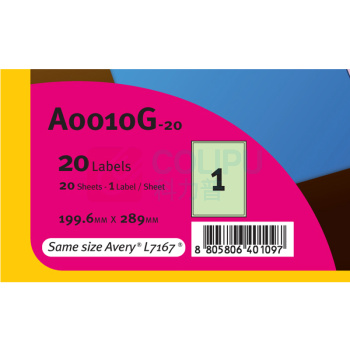 普林泰科 printec 粉彩标签 A0010G-20 199.6*289mm (绿色) 1枚/张 20张/包