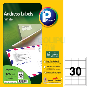 普林泰科 printec 打印标签 L0300-100 1"*2-5/8" (白色) 30枚/张 100张/包