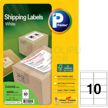 普林泰科 printec 打印标签 L0100-100 2"*4" (白色) 10枚/张 100张/包