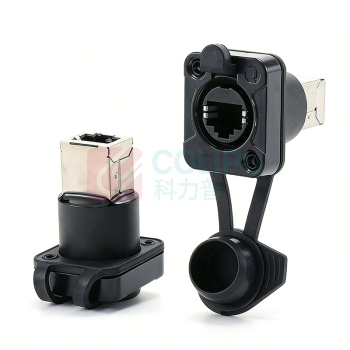 优企 超五类网络RJ45连接器防水D型cat5e母座弯型网口 母座直通 直通网络对接插座