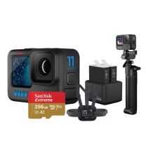 GoPro 运动相机 HERO11 Vlog运动摄像机 户外摩托骑行(含三向自拍杆+胸部固定肩带+双电双充+256G卡)