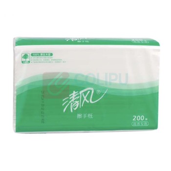清风 柔韧细腻吸水不掉屑单层三折擦手纸 B913A 225*230mm/抽  200抽*20包/箱
