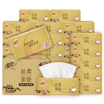 清风 原木纯品金装系列塑包面巾纸 BR11M7J24E/BR11M7J24EIP/BR11M7J24E1 四层 190mm*132mm/170mm*154mm 90抽/包 24包/箱 老规格:三层 120抽,新规格:四层 90抽,新老包装交替发货