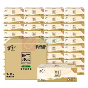 清风 抽纸B338C3N盒抽纸巾200抽原木纸盒装面巾纸36盒 一箱