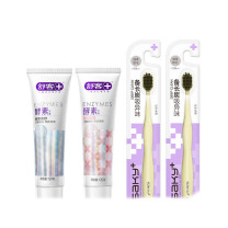 舒客 Saky 沁爽系列口腔护理套 ZHS-JS22 【舒客精研亮白酵素牙膏(漫舞樱花)120克*1 舒客精研亮白酵素牙膏(青柠劲爽)120克*1 舒客宽头密炭沁爽牙刷单支装*2】