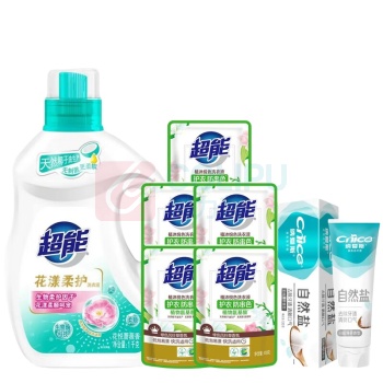 超能 洗护套装三件套 (1kg洗衣液+100g超能植沐悦色洗衣液*5袋+120g纳爱斯自然盐白牙膏*1支)