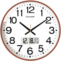 康巴丝 COMPAS 挂钟客厅静音走时石英钟 3439A 16英寸/41cm 日历款 (咖木色)