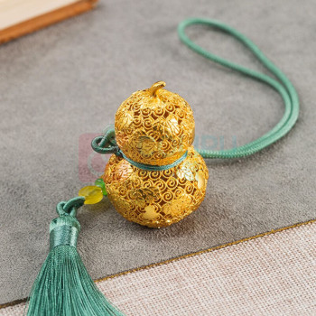 朱炳仁 福禄欢喜铜挂件车挂 32*50mm 约0.02kg,绳长约260mm 花丝工艺小葫芦办公室 装饰品摆件。材质:黄铜