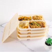 佳茉 可降解四格玉米淀粉餐盒一次性带盖快餐盒外卖打包便当盒 1000ml*50套 