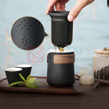 苏泊尔 SUPOR 便携陶瓷茶具套装 简易快客杯 6件套 (玄墨色)