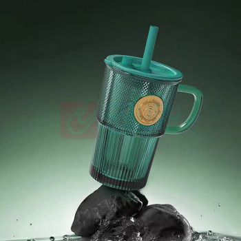 乐唯诗 墨绿铜章吸管杯 410ml 带盖带吸管