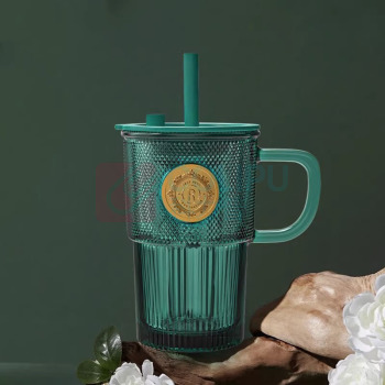 乐唯诗 墨绿铜章吸管杯 410ml 带盖带吸管