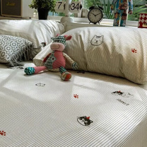 无印良品 全棉A类抑菌床单三件套 WY3YH051 200*230cm (条纹小猫咪) (独A版)