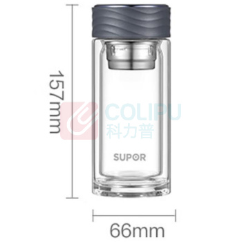 苏泊尔 SUPOR 耐高温玻璃直身杯 KC23GR10 157mm*66mm,230ml 灰黑色 316茶漏+杯刷