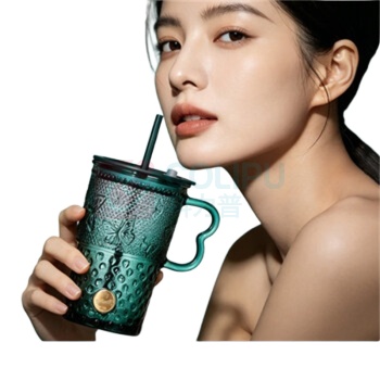 乐唯诗 墨绿蝶影吸管玻璃杯 420ml