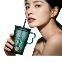 乐唯诗 墨绿蝶影吸管玻璃杯 420ml