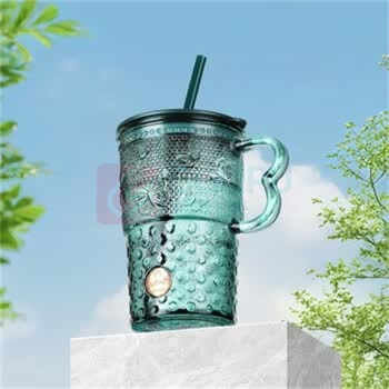 乐唯诗 墨绿蝶影吸管玻璃杯 420ml