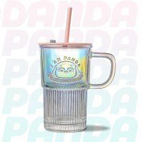 乐唯诗 玻璃杯熊猫浮雕带把玻璃水杯果汁杯咖啡杯 带盖带吸管