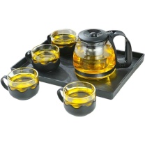 紫丁香 小丹莉玻璃茶具套装 六件套 一壶四杯一茶盘 (黑色)