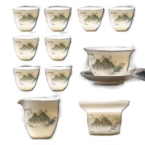 金镶玉 羊脂玉功夫茶具套装 桃源逸居 茶杯*8 盖碗*1 公杯*1 茶漏*1 盒装