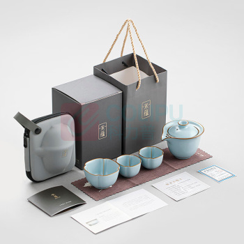 唐丰 TF 宋蕴汝窑清韵旅行茶具套装 茶壶*1 主人杯*1 品茗杯*2 收纳包*1 茶巾*1