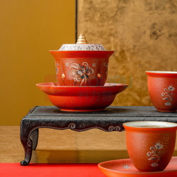 万仟堂 EDENUS 茶具套装 敦煌宝相随手礼 (壁画红釉) 1盖碗1承3杯1盘1盖