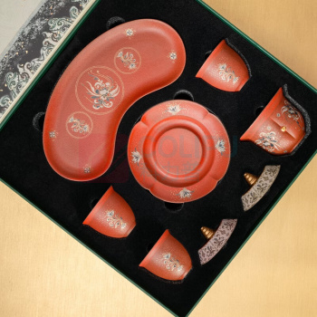 万仟堂 EDENUS 茶具套装 敦煌宝相随手礼 (壁画红釉) 1盖碗1承3杯1盘1盖