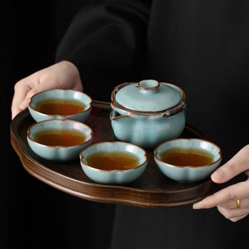 宋蕴 李桂莲汝窑旅行茶具套装 手抓壶*1 茶杯*4 茶盘*1 茶巾*1 宋蕴天青芳华小套组盒装