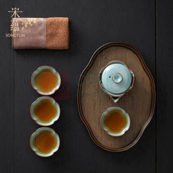 宋蕴 李桂莲汝窑旅行茶具套装 手抓壶*1 茶杯*4 茶盘*1 茶巾*1 宋蕴天青芳华小套组盒装