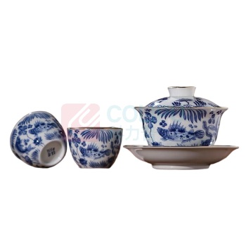 景德镇陶瓷 鱼藻纹8头茶具套组 盖碗*1 品杯*6 公道杯*1