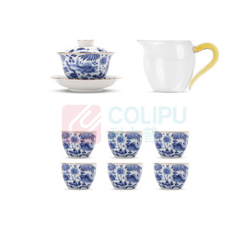 景德镇陶瓷 鱼藻纹8头茶具套组 盖碗*1 品杯*6 公道杯*1