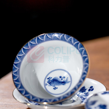 景德镇陶瓷 鱼藻纹8头茶具套组 盖碗*1 品杯*6 公道杯*1