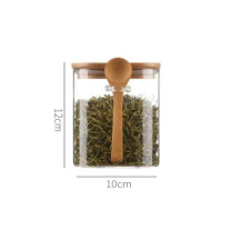 米笑 圆形竹盖厨房密封玻璃储物罐(带勺) 10*12cm 800ml