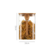 米笑 圆形竹盖厨房密封玻璃储物罐(带勺) 10*15cm 1000ml