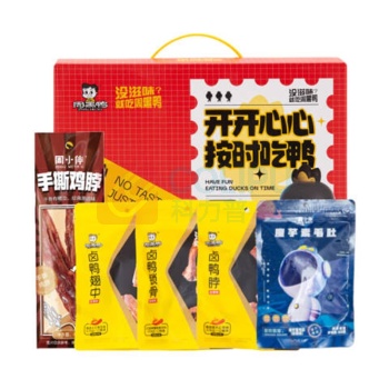 周黑鸭 开心鸭礼盒 401g 周黑鸭趣享卤鸭翅中75g*1 周黑鸭趣享卤鸭锁骨66g*1 周黑鸭趣享卤鸭脖60g*1 周黑鸭周小伴魔芋素毛肚(魔芋爽)160g*1 周黑鸭周小伴手撕鸡脖40g*1