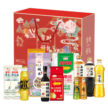 金龙鱼 米面粮油调味“礼” 大礼包E (4100g+3520ml) 大米500g 稻米油0.7L 麦芯粉1KG 陈醋420ml 花椒油0.1L 葵花仁油0.4L 芝麻香油0.1L 鸡蛋挂面200G*2 酱油0.8L 糙米1KG 蚝油700g 原香稻500G 料酒1L