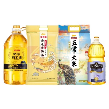 金龙鱼 米面粮油组合(金龙鱼精萃稻米油5L+金龙鱼孔雀呈祥飞五常大米5kg+金龙鱼御品麦芯粉5kg+金龙鱼KING'S特级亚麻籽油1.5L) (青甘宁内蒙海南,新疆西藏偏远地区不发货)