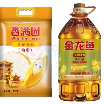 金龙鱼 粮油组合套餐 LB-3 【金龙鱼压榨特香菜籽油5L/桶+香满园莲花香米5kg/袋】