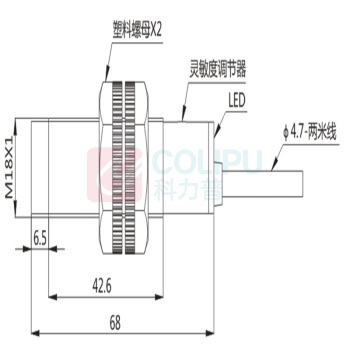 明治 MEIJI 圆柱型光电传感器 PXM18-D10N 漫反射,M18螺纹,4线式,线缆2m,检测距离:0-100mm(可调节),NPN,红光,PBT壳体