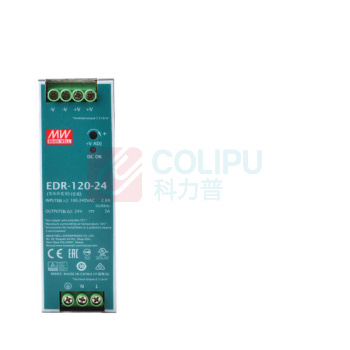 明纬 开关电源 EDR-120-24 24V 5A 输出电压:DC24V,额定电流:5A,额定功率:120W,输入电压范围:AC200240V,安装方法:导轨式安装