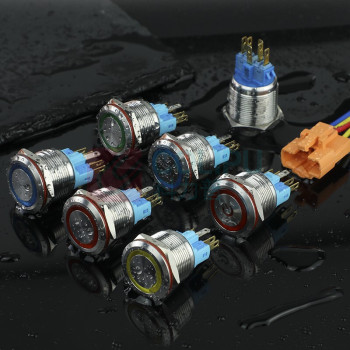 汇君 HJUN 22mm7A大电流金属按钮开关LED防水环形灯 黄色3-8V自复位平头带插座 22B2-P11F-EY3-8VCZ