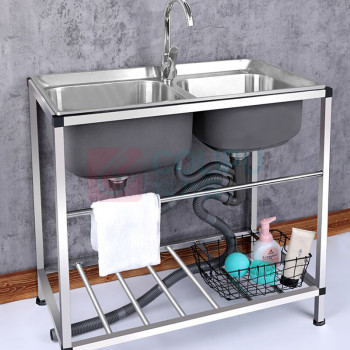 逸达尚 不锈钢洗菜盆厨房带支架水槽水池洗手盆 加厚钢 72*39 冷热龙头款