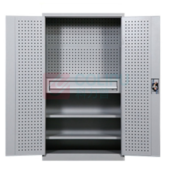 虎力 工具柜 SN3797 1600*700*820mm 框架角钢40*4.0mm,柜顶板厚3.0mm,左右后侧记门板厚度1.5mm,柜内可调节层板3层,单层承重200KG,带防静电胶皮垫,柜体三面圆孔挂壁配多种规格挂钩