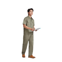 玲芝 夏季纯棉短袖工作服套装 175码 8201-安徽能源定制 (卡其色) 前后印反光条 定制门襟拉链 加斜插包拉链 左前胸绣LOGO