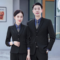 谦创诚 西服男女商务休闲西装套装职业装正装职场银行服装平驳领双扣外套 可定制印绣 ZZH188 2XL (藏青男)
