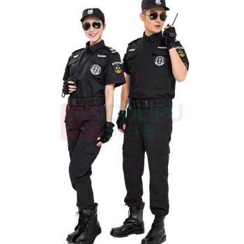 理联 夏季短袖 保安工作服套装 LN-BAF20D M (黑色) 短袖套装+腰带+帽子+标志