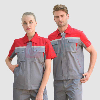 耀王 夏季拼色工作服套装男女短袖耐磨带反光条汽修工厂工地劳保服工作服 QQCJCX116189 M/165 (藏蓝拼大红)