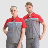 耀王 夏季拼色工作服套装男女短袖耐磨带反光条汽修工厂工地劳保服工作服 QQCJCX116189 M/165 (藏蓝拼大红)
